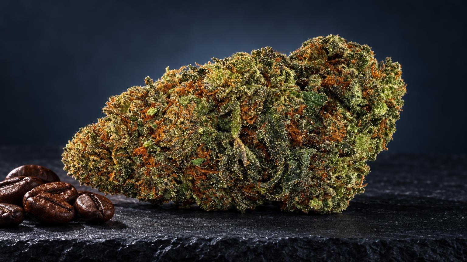Indica vs Sativa: dense flower bud with green, orange and brown hairs displaying compact, rounded form next to coffee beans