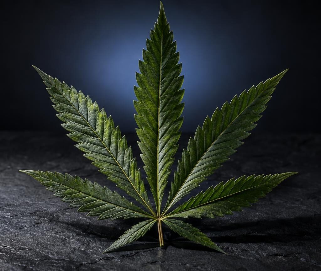 Green cannabis leaf with seven pointed leaflets, displayed against dark background, for Jack Herer Strain article