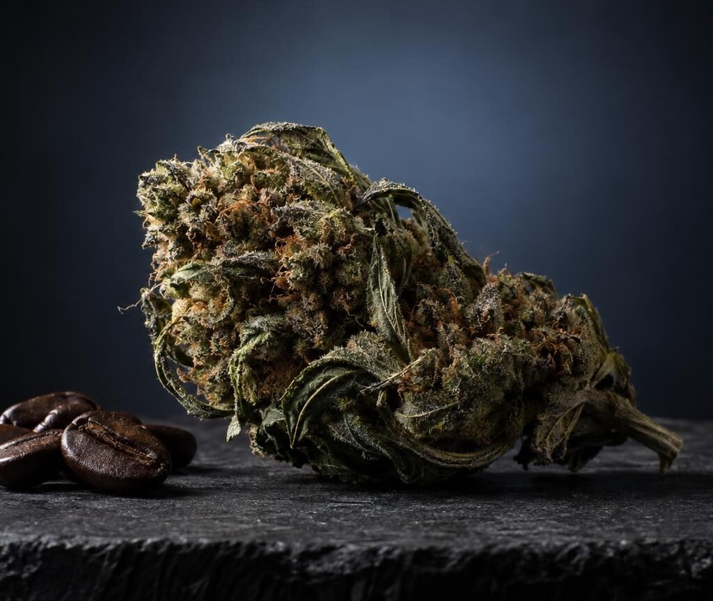 Dried Sativa Plant flower buds with visible trichomes and brown seeds on dark surface, showing natural appearance