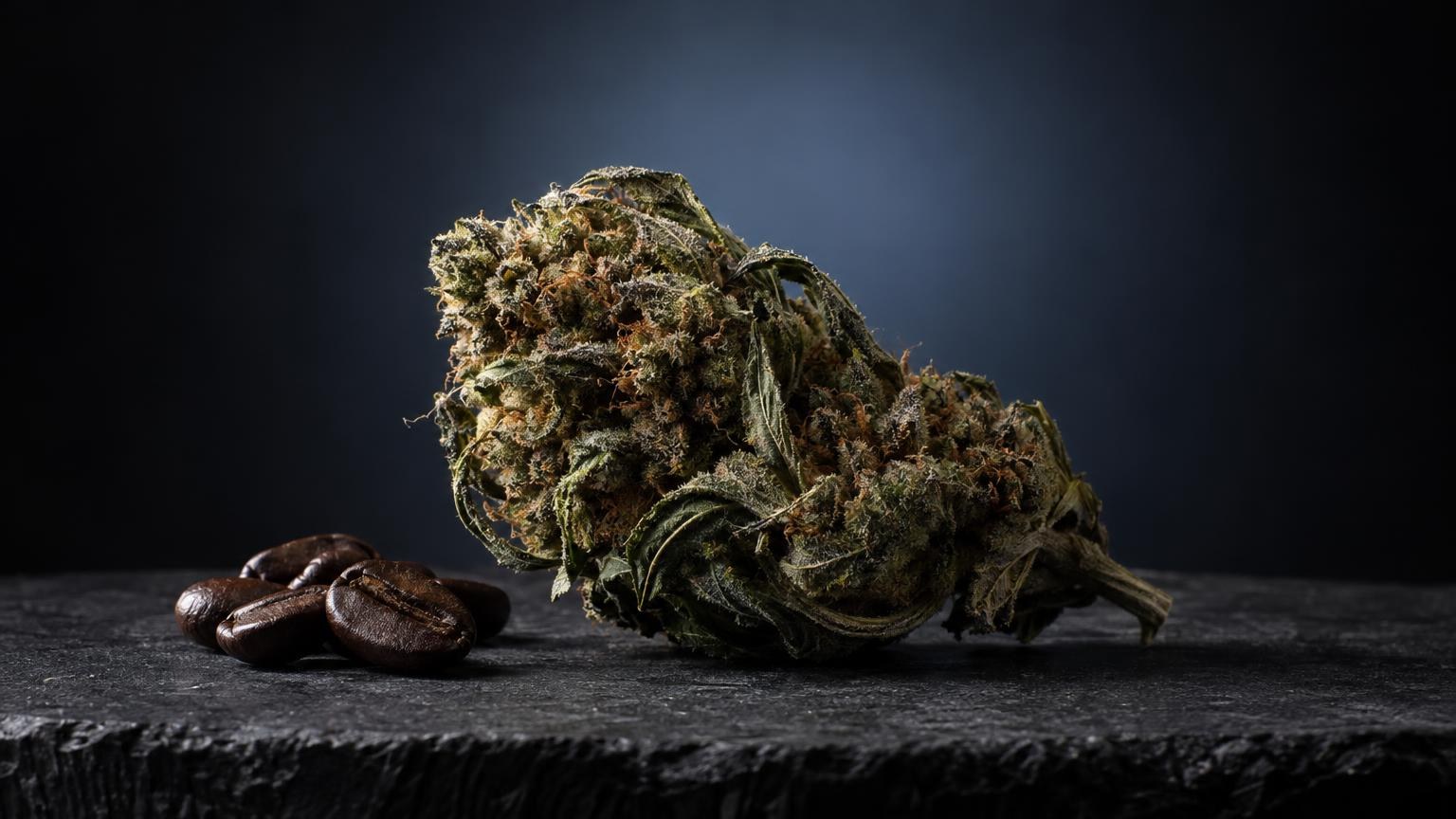 Dried Sativa Plant flower buds with visible trichomes and brown seeds on dark surface, showing natural appearance