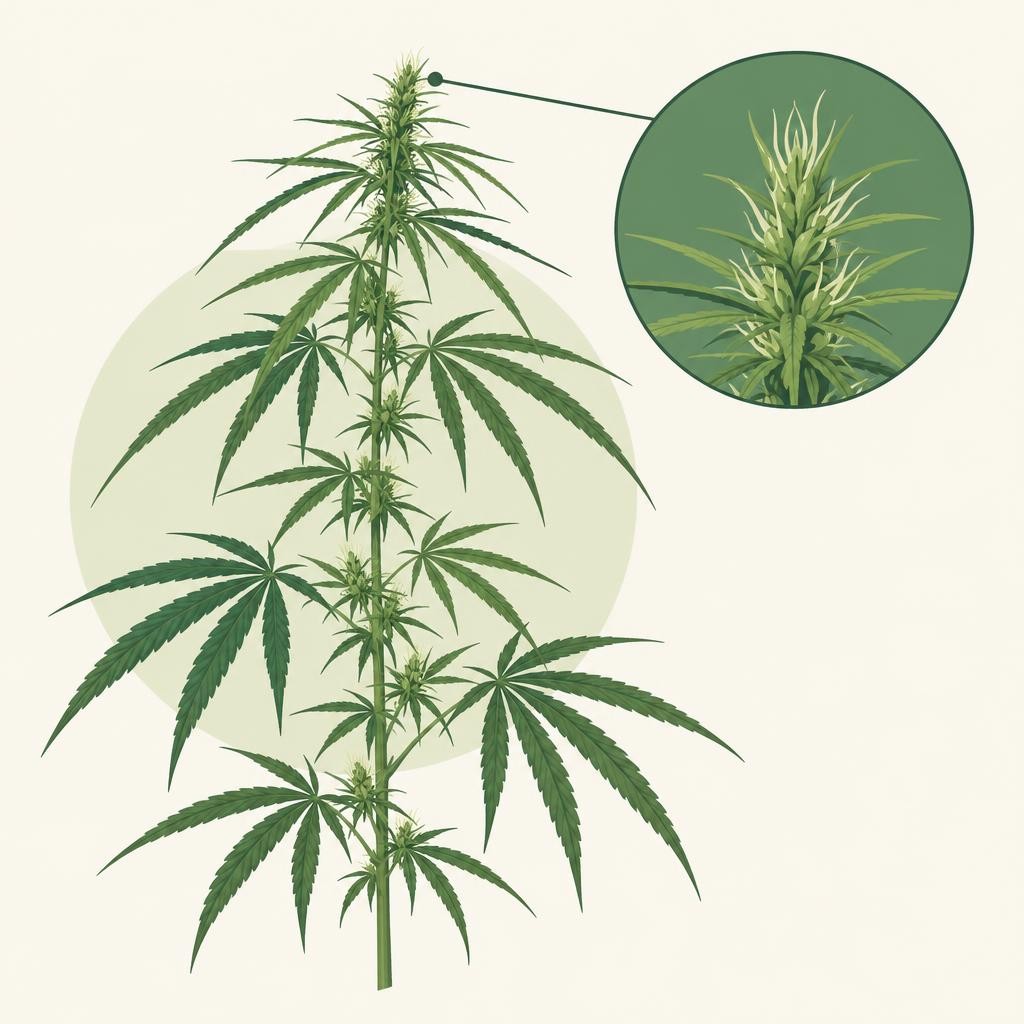 Sativa Plant with tall central stem, wide leaflets arranged in fan patterns, and detailed close-up of flowering structure