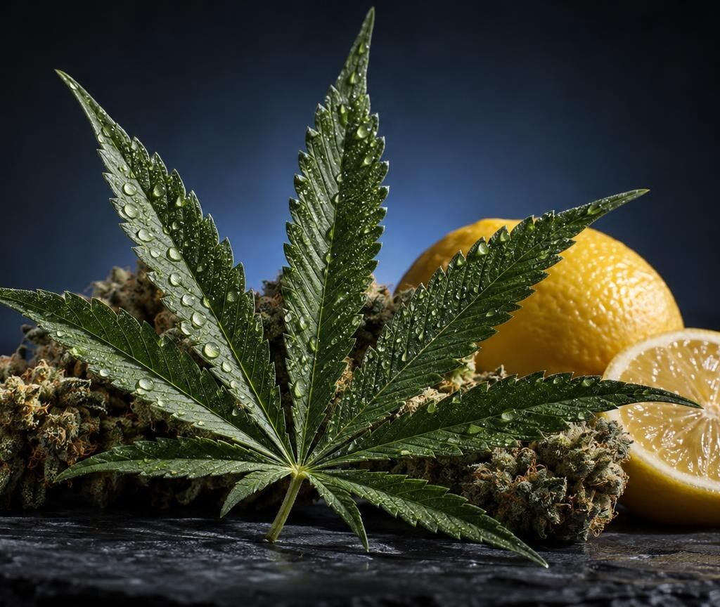 Cannabis leaf with dense buds and fresh lemon slices on dark surface, representing Super Lemon Haze Strain citrus profile