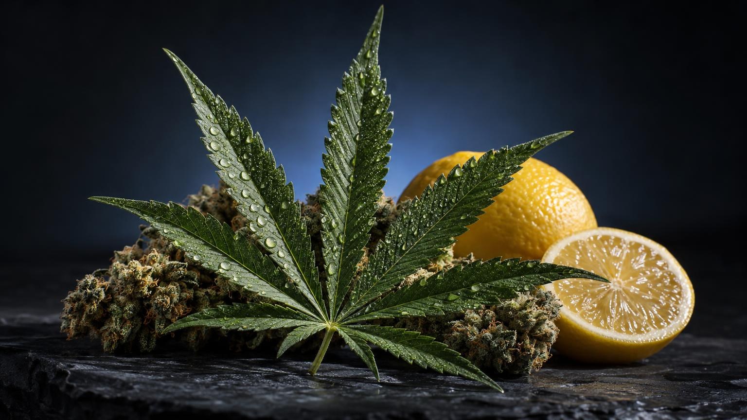 Cannabis leaf with dense buds and fresh lemon slices on dark surface, representing Super Lemon Haze Strain citrus profile