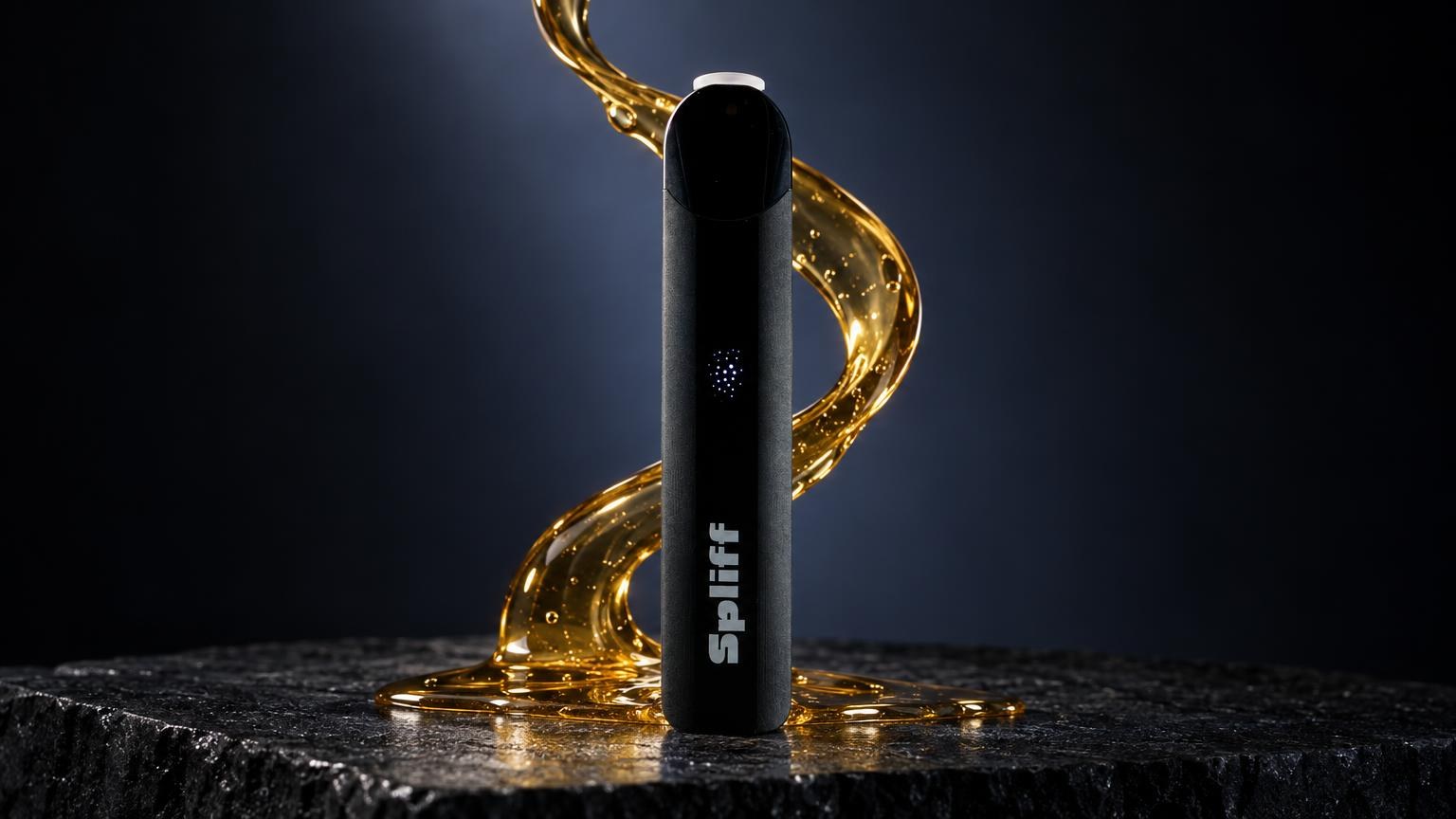 THC Liquid: black cylindrical vape device with golden liquid splashing around it against dark background