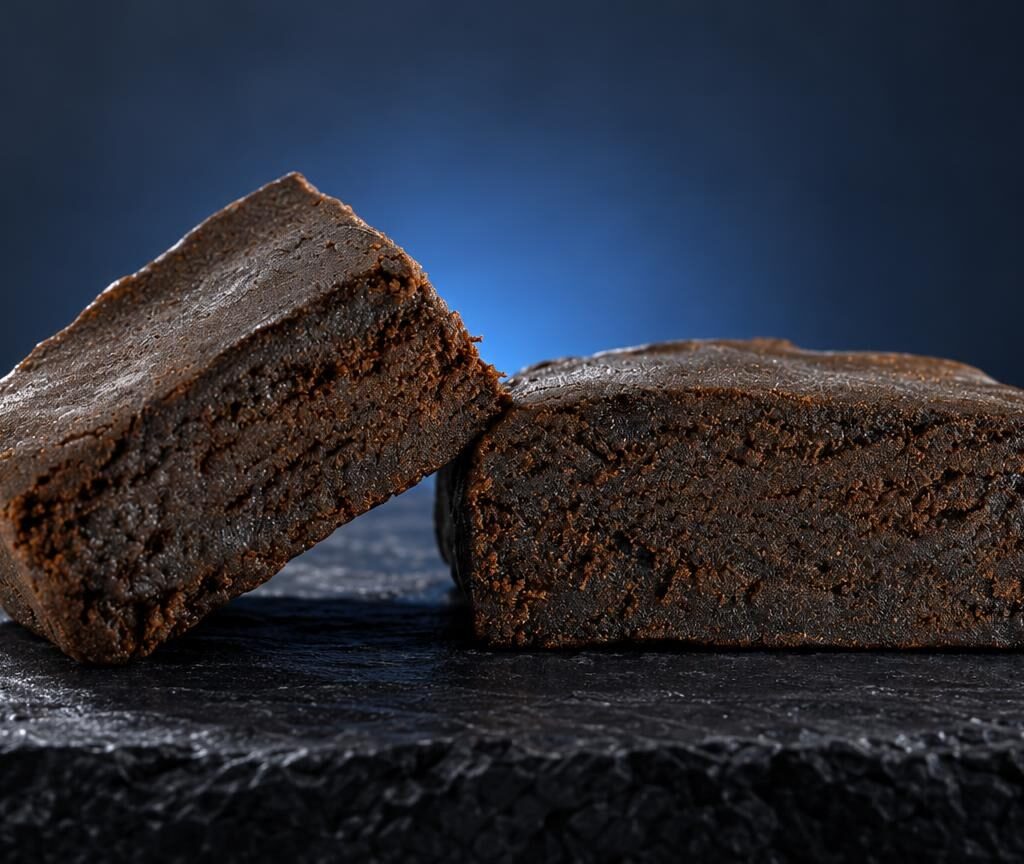 Temple Ball Hash: two dense, cylindrical blocks of Kashmir Hash with dark brown, crumbly texture on dark slate surface