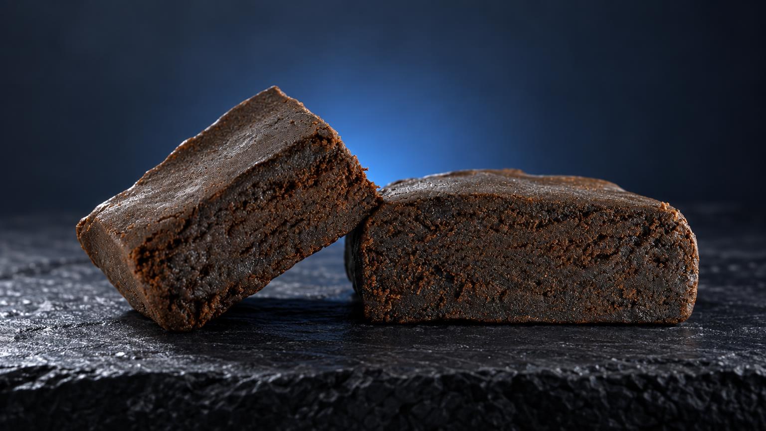 Temple Ball Hash: two dense, cylindrical blocks of Kashmir Hash with dark brown, crumbly texture on dark slate surface