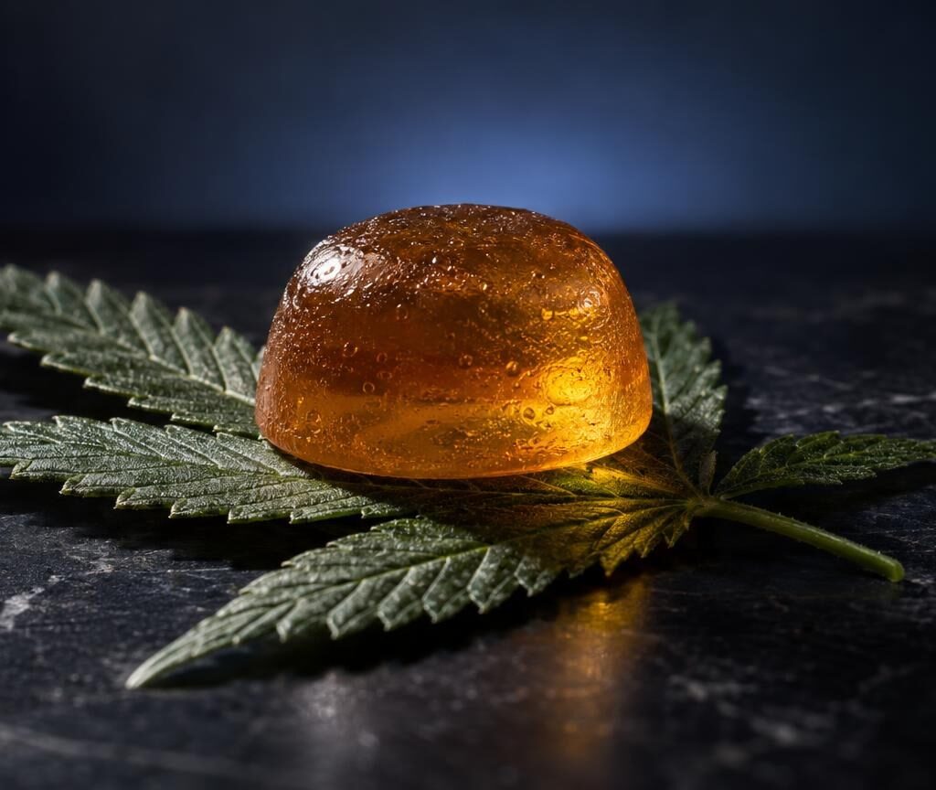 Amber-colored gummy with cannabis leaf on dark surface, representing THC Gummies Effects