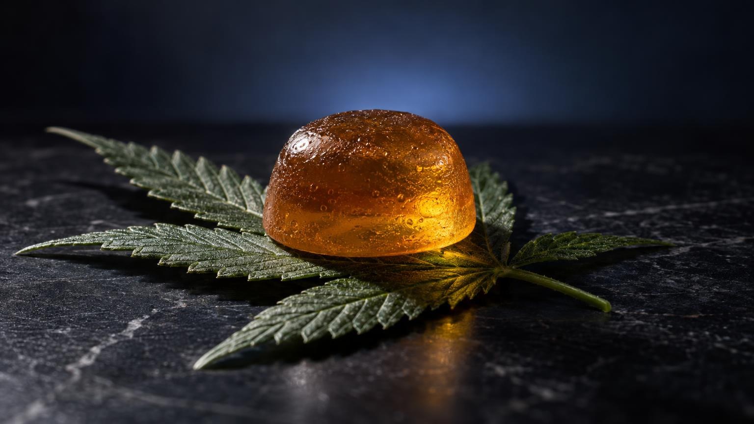 Amber-colored gummy with cannabis leaf on dark surface, representing THC Gummies Effects