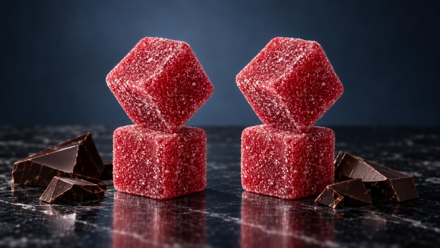 Two stacked red sugar-coated cube-shaped THC Gummies with dark chocolate pieces beside them on a dark surface