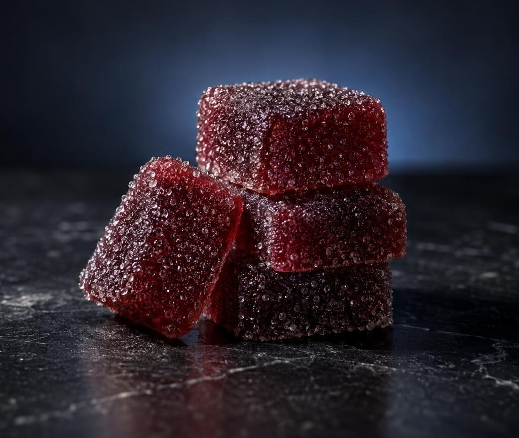 Red sugar-coated gummy candies stacked on dark surface, representing THC Gummies Side Effects topic