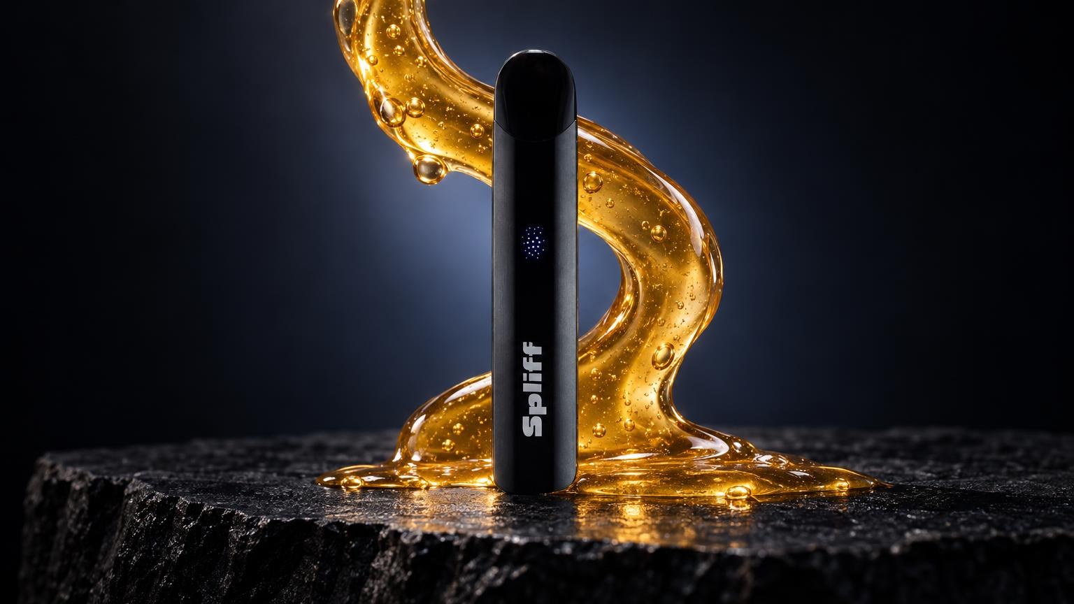 Black cylindrical vape device with golden liquid swirling around it on dark surface, illustrating thc in vapes composition