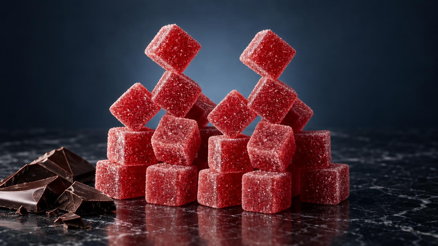 THC Sirup: stack of red cube-shaped gummies with sugar coating and dark chocolate pieces, edible product display