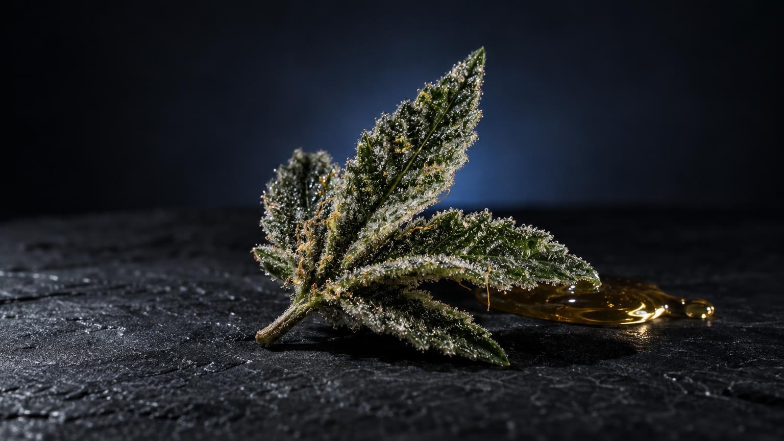 Cannabis flower buds with crystalline trichomes on dark surface, THC Sirup guide introduction