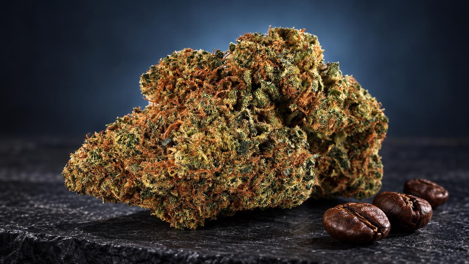 Diamond Kush THCA Flower with dense, crystalline nuggets in golden-green hues, accompanied by coffee beans on dark slate