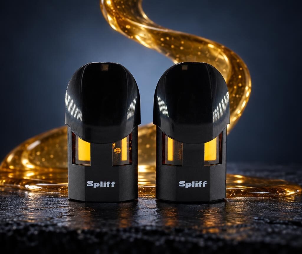 Two black vaporizer devices with golden light trails on dark surface, illustrating THCA Flower consumption methods