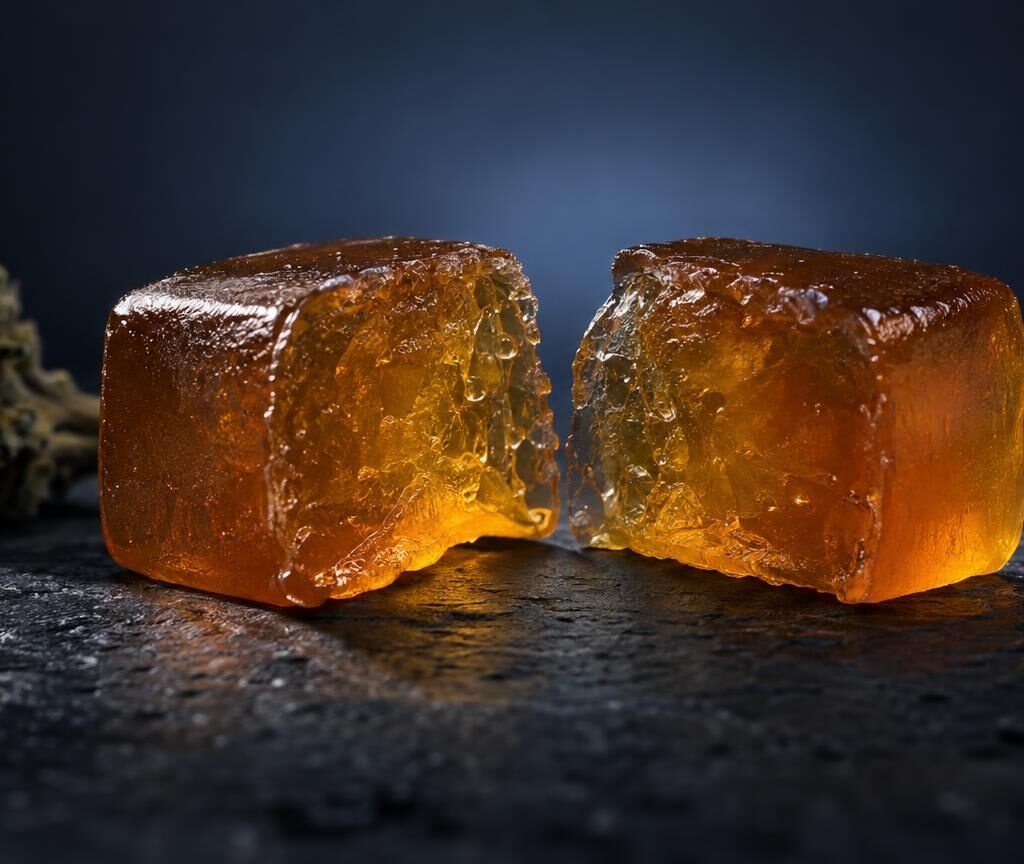 Two translucent amber-colored gummies with crystalline texture on dark surface, cannabis flower visible beside them