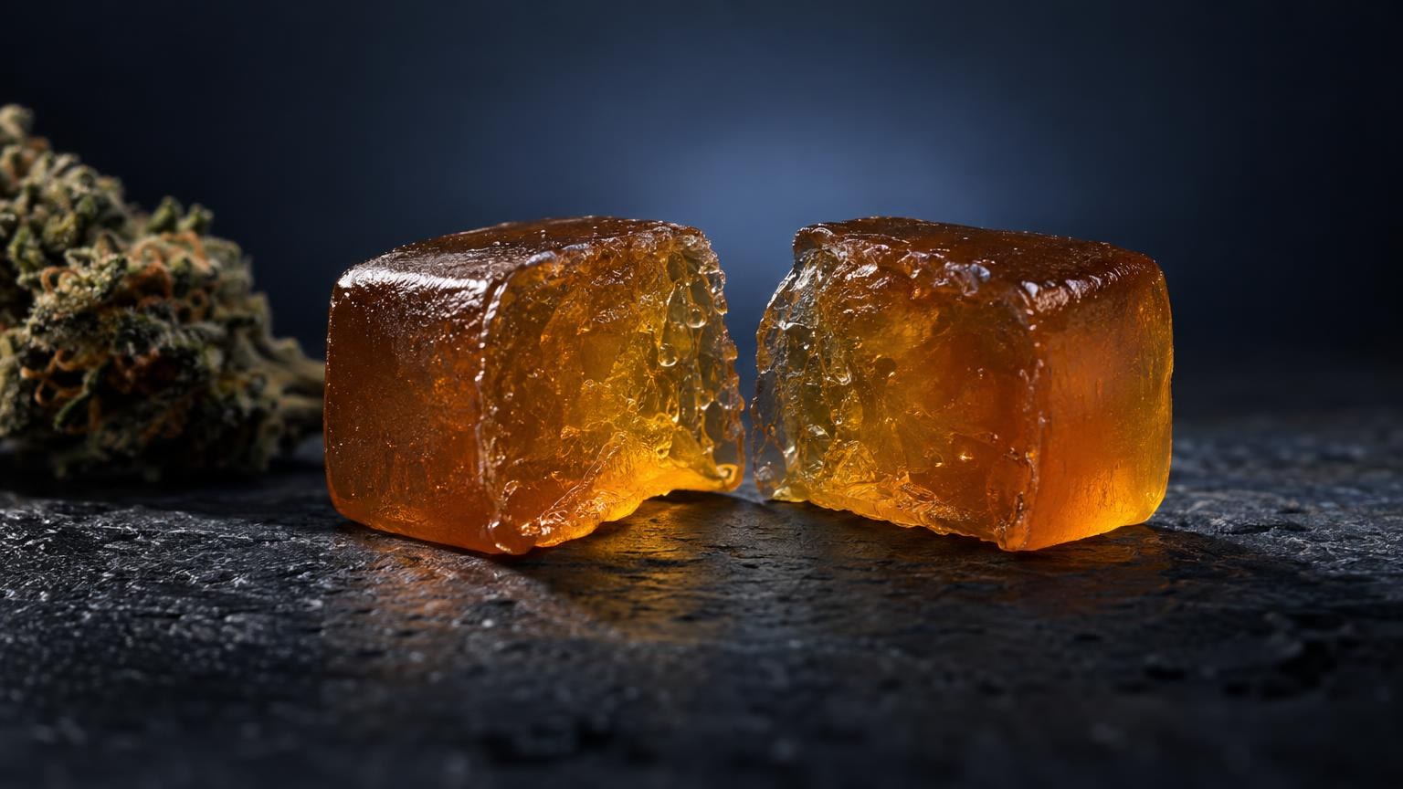 Two translucent amber-colored gummies with crystalline texture on dark surface, cannabis flower visible beside them