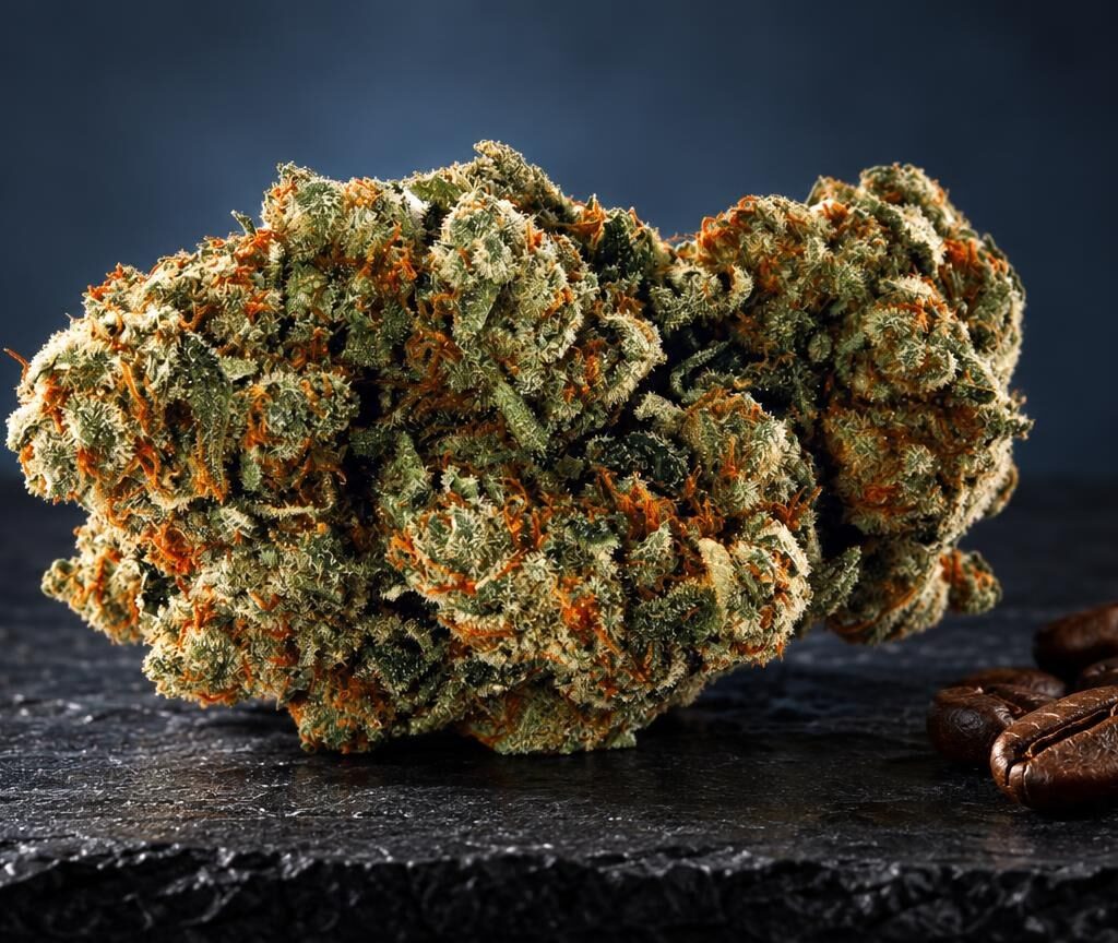 Dense Amnesia buds with golden-brown and green coloring covered in crystalline trichomes on weed, displayed on dark surf