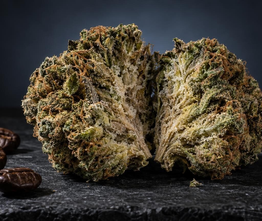 Cannabis flower buds with visible crystalline structures and brown seeds on dark surface, showing Trichomes on Weed