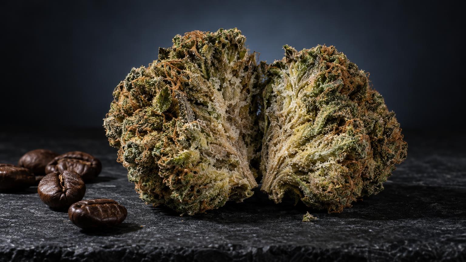 Cannabis flower buds with visible crystalline structures and brown seeds on dark surface, showing Trichomes on Weed