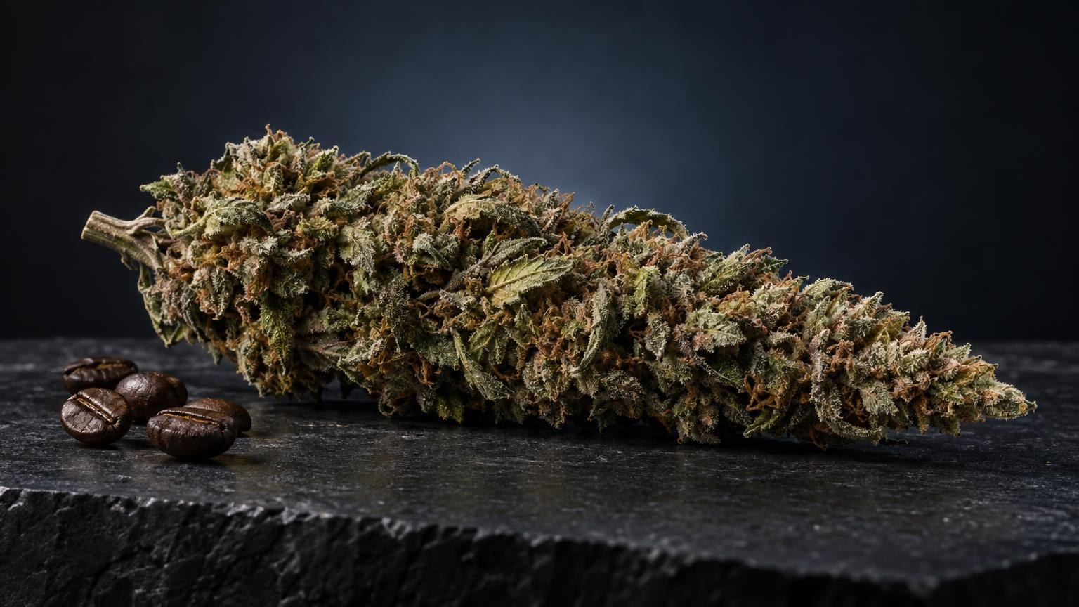 Dense cannabis flower with crystalline coating alongside dried seeds on dark surface, showing trichomes weed characteristics