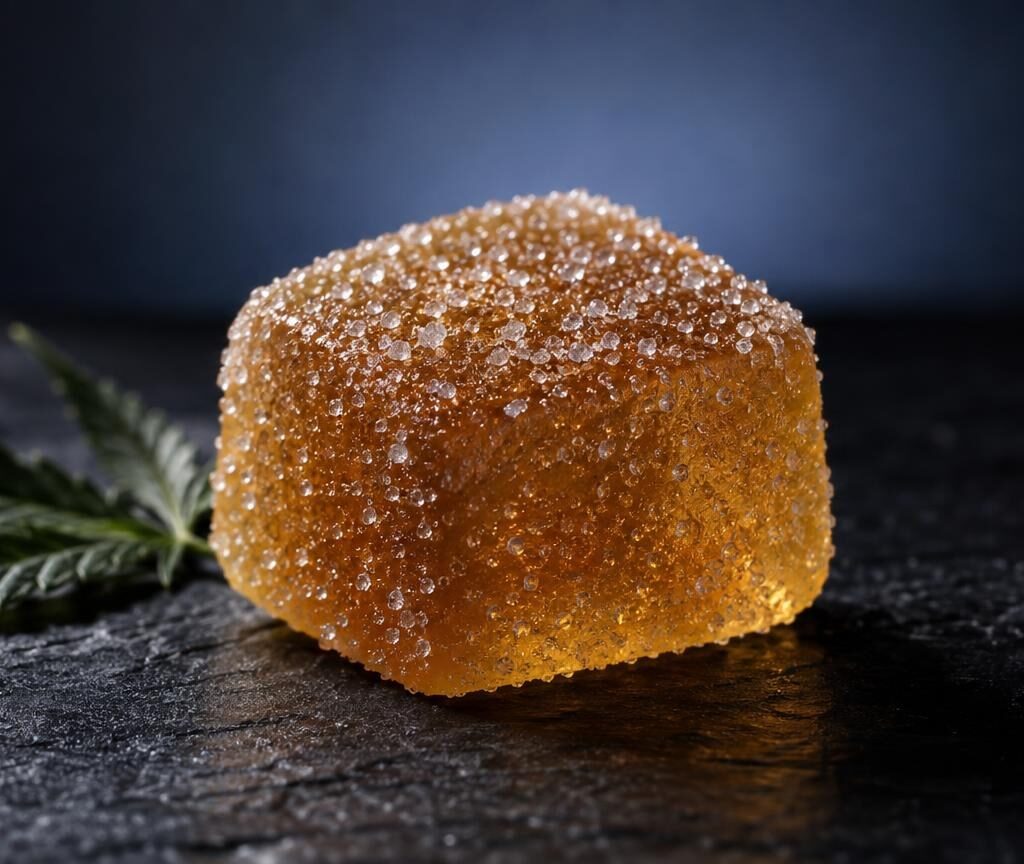 Golden translucent gummy cube with sugar coating next to hemp leaf on dark surface, representing CBD infused gummies