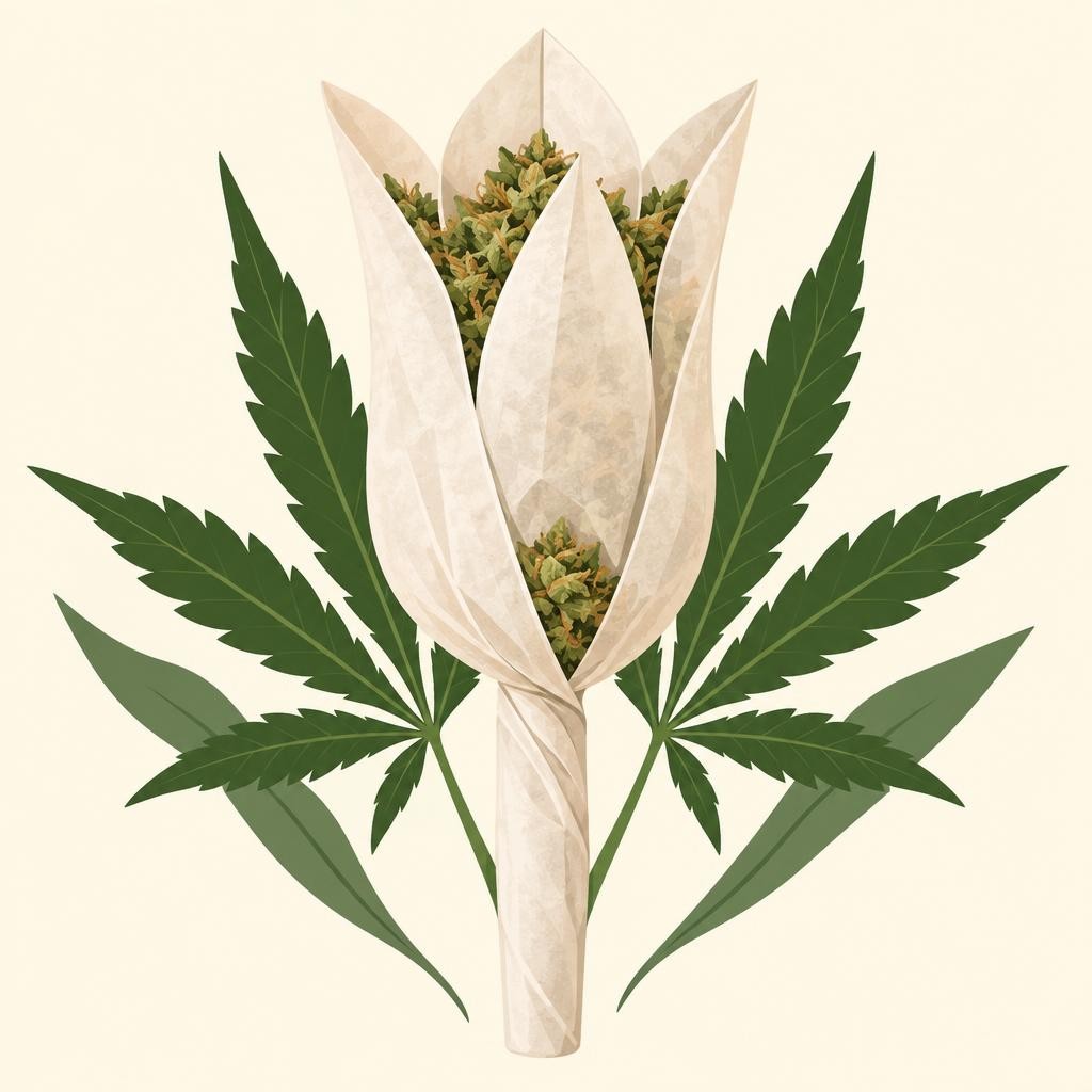 White paper petals arranged in tulip shape around green cannabis leaves and flower buds, centered on cream background