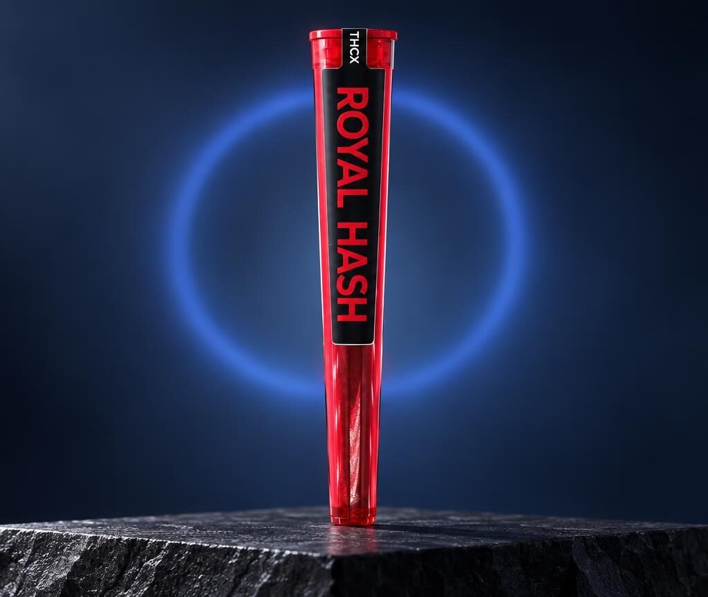 Red container labeled ROYAL HASH on dark stone with blue glowing ring background, Types of Hash article