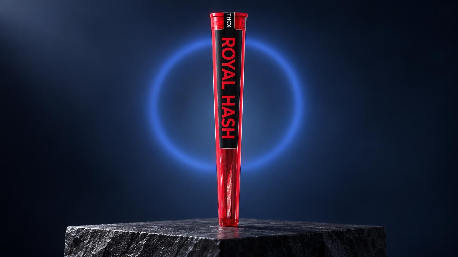 Red container labeled ROYAL HASH on dark stone with blue glowing ring background, Types of Hash article