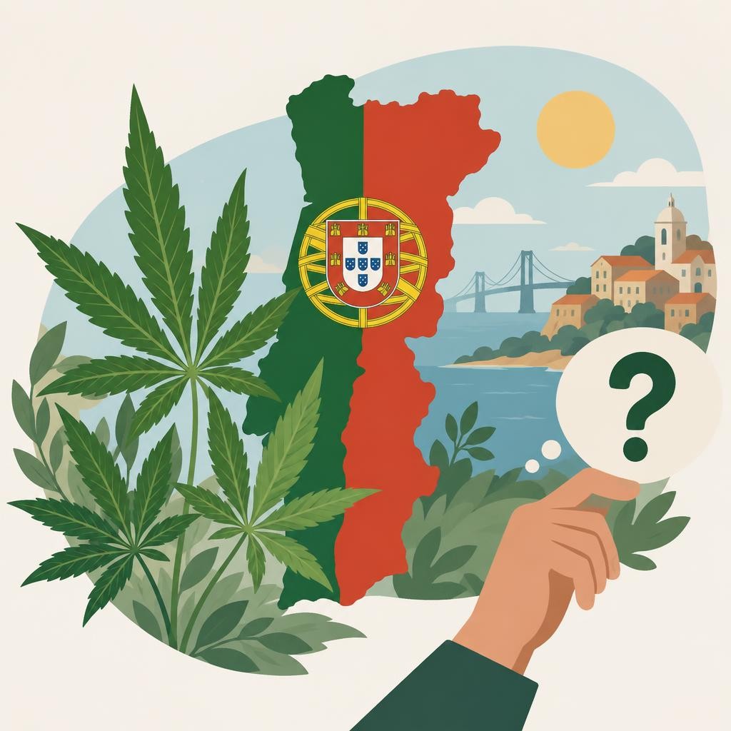 Cannabis leaves overlaid on Portugal map with flag, hand holding question mark, coastal landscape with bridge in background