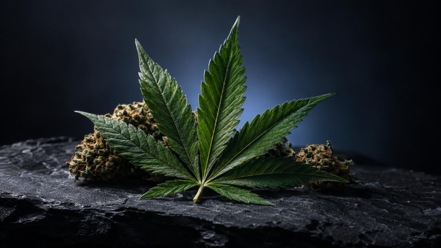 Cannabis plant with distinctive palmate leaves and flower buds on dark stone surface, Weed in Portugal legal context