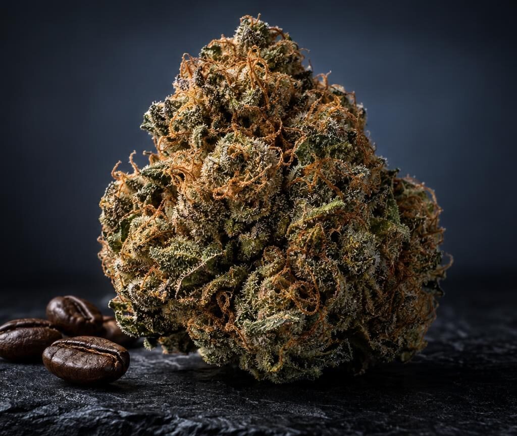 Dense cannabis flower bud with brown pistils next to coffee beans on dark surface