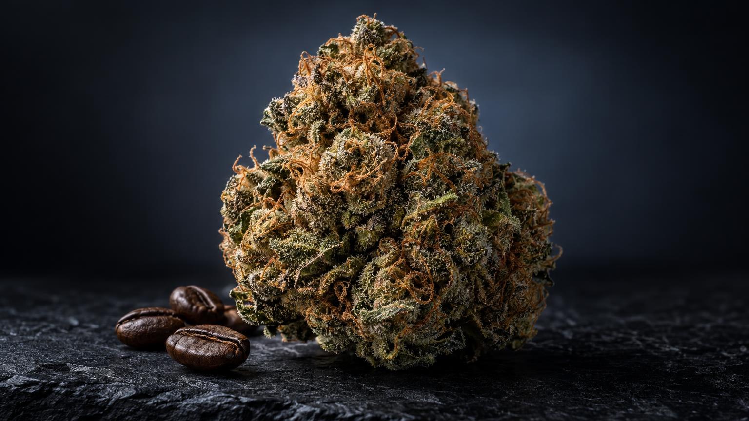 Weed Side Effects: dense cannabis flower bud with brown pistils next to coffee beans on dark surface
