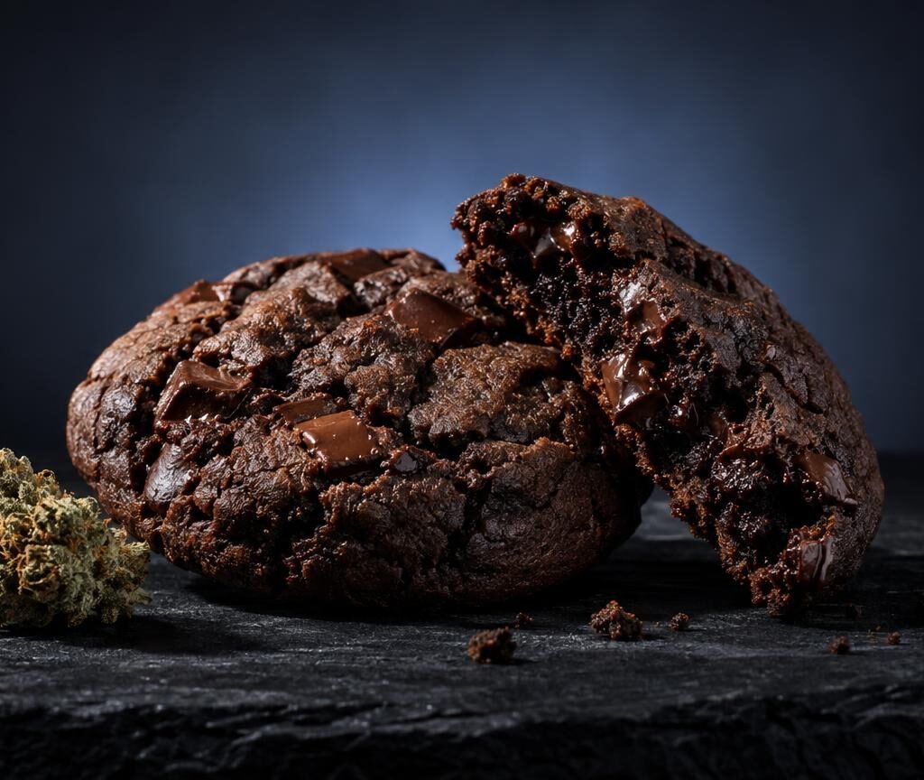 Chocolate brownie with cannabis flower beside it on dark surface, illustrating What Are Edibles concept