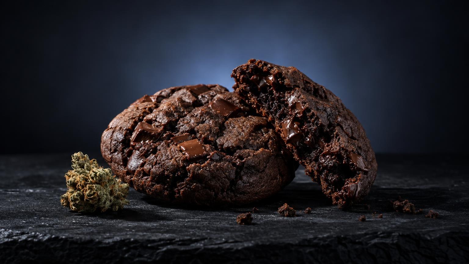 Chocolate brownie with cannabis flower beside it on dark surface, illustrating What Are Edibles concept