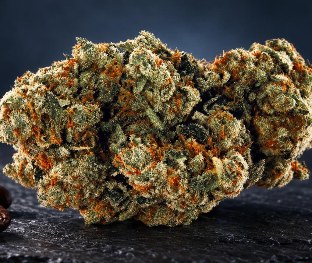 What Does Good Weed Look Like: amnesia flower with dense green and orange tones, covered in golden crystal structures