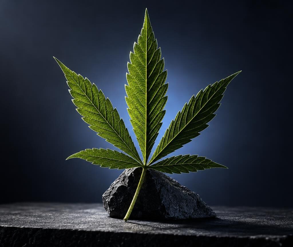 Cannabis plant leaf with seven green leaflets rooted in dark soil on stone surface, symbolizing What Is CBD source material
