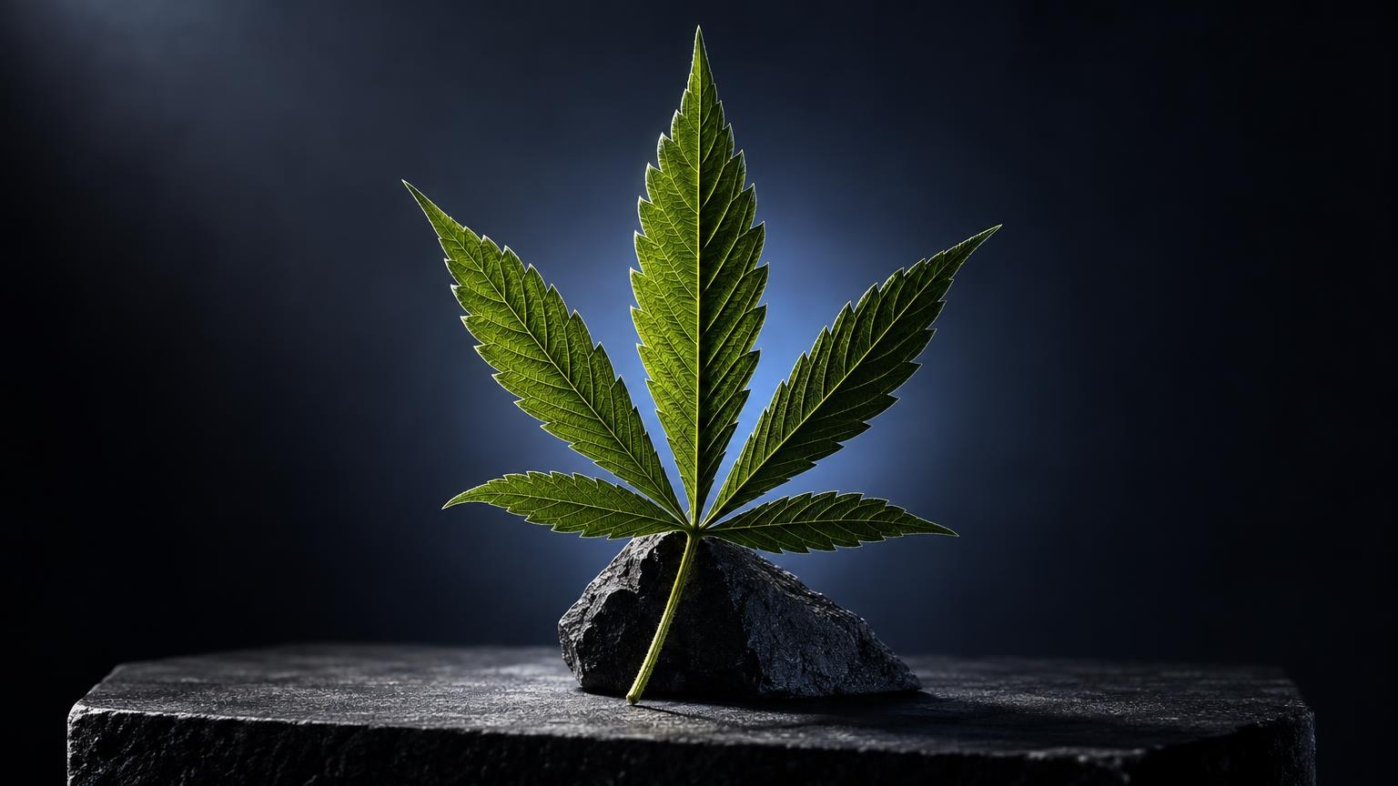 Cannabis plant leaf with seven green leaflets rooted in dark soil on stone surface, symbolizing What Is CBD source material