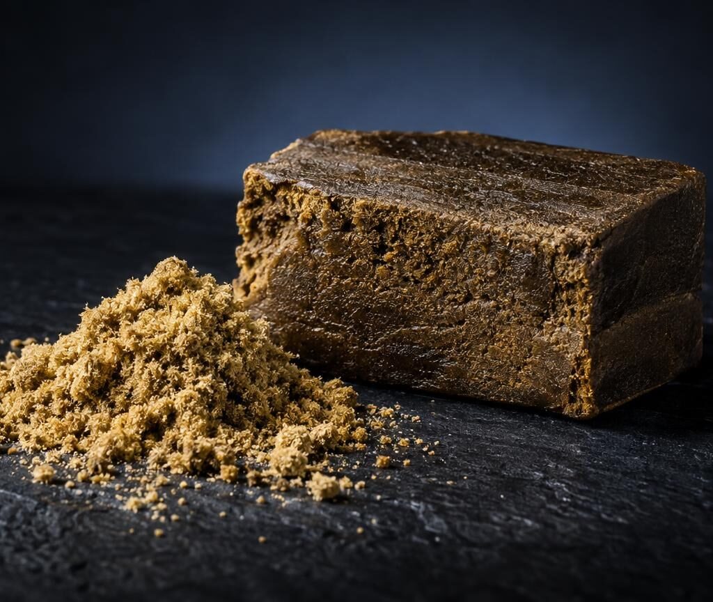 Solid golden-brown block and crumbly powder on dark surface, showing What Is Hash in different forms