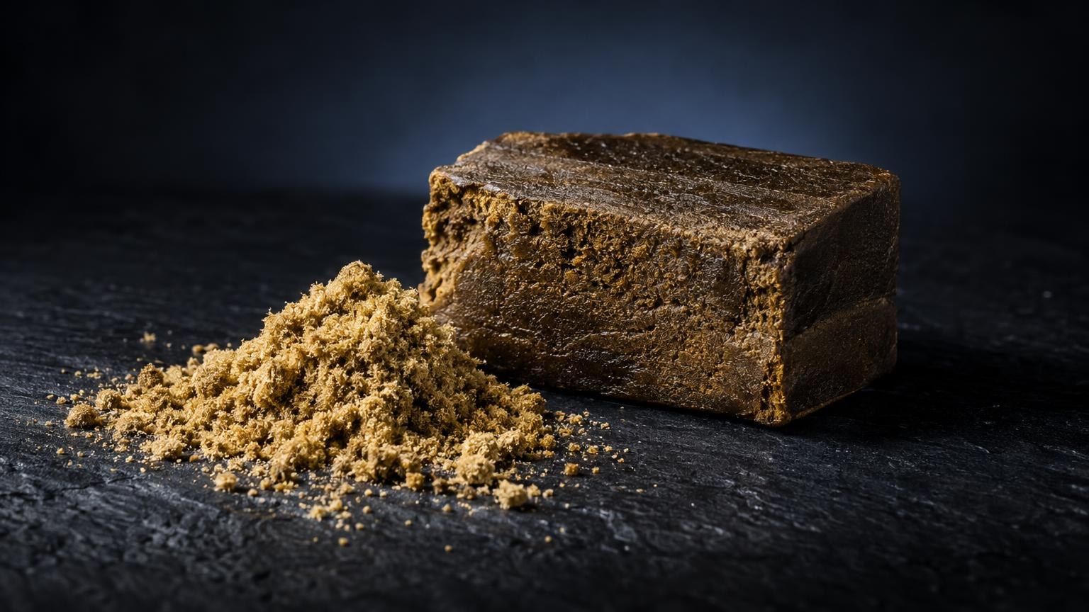 Solid golden-brown block and crumbly powder on dark surface, showing What Is Hash in different forms