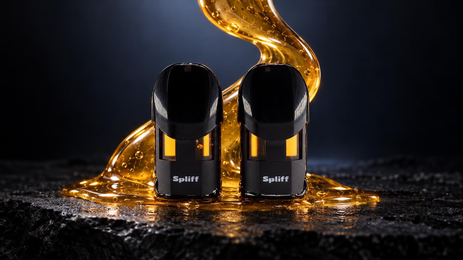 Two black cylindrical pods with golden liquid splashing around them, representing What Is THCP cannabinoid extraction