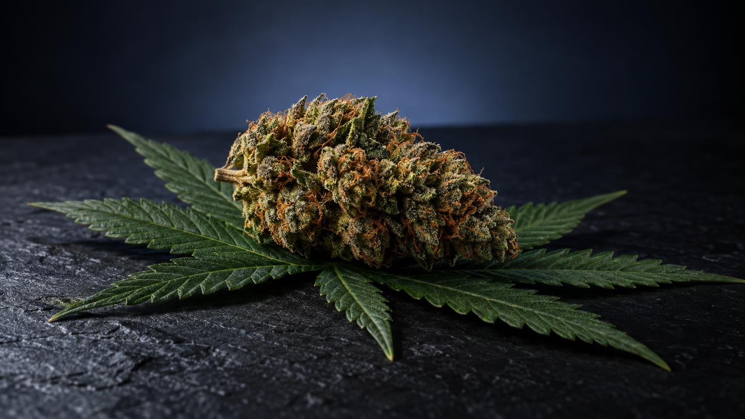 Dense golden-brown cannabis flower bud with green leaves on dark surface, representing What Is THCP cannabinoid