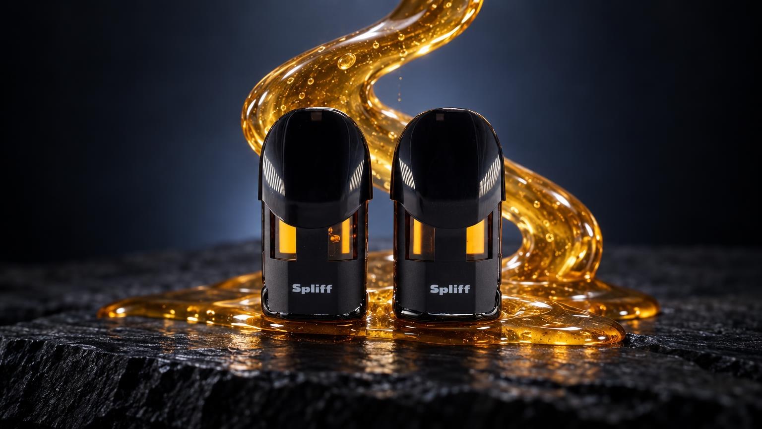 Two black cylindrical pods with golden liquid dripping above them, showcasing What Is THCP's concentrated extract form