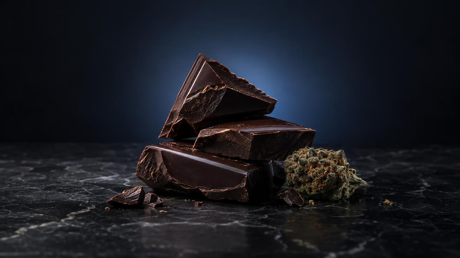 Stacked dark chocolate pieces and cannabis flower on dark surface, for Where Can I Buy Edibles guide
