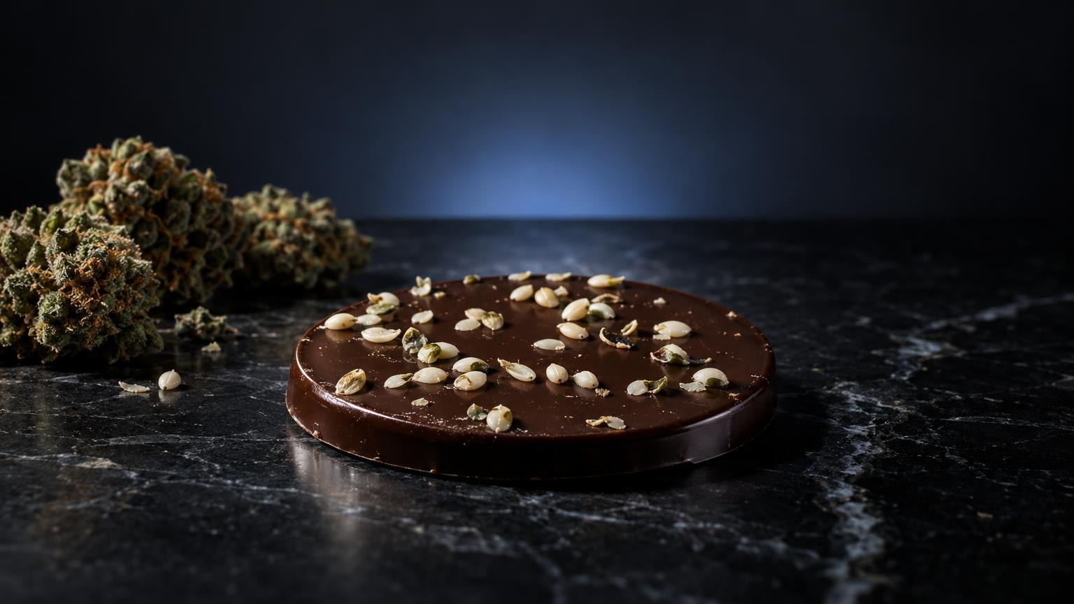 Chocolate tart with peanuts on dark marble surface, cannabis flower buds nearby, representing Zkittlez Strain product forms